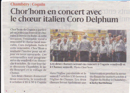 annonce venue Coro Delphum les 6 7 8 oct 2023 à Cognin par le DL