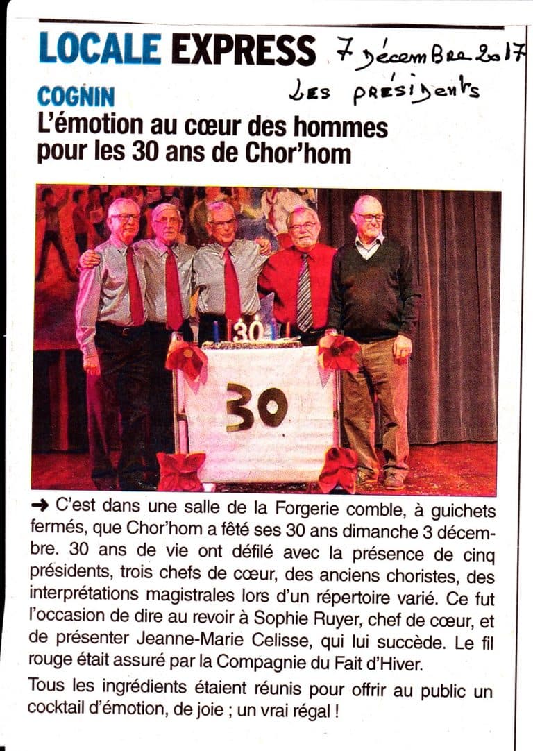 article du DL du 7.12.2017 sur les 30 ans de Chorhom